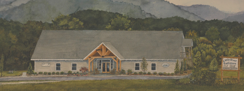 Painting of the Little River Outfitters building by Martha Montgomery.