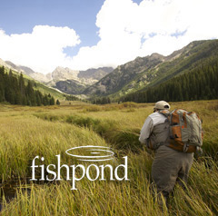 Man fly fishing on a spring creek with Fishpond logo.