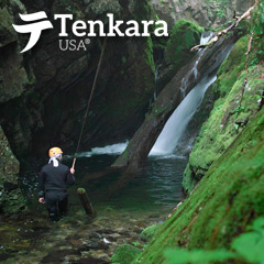 Man Fishing Below a Waterfall with a Tenkara Fly Rod